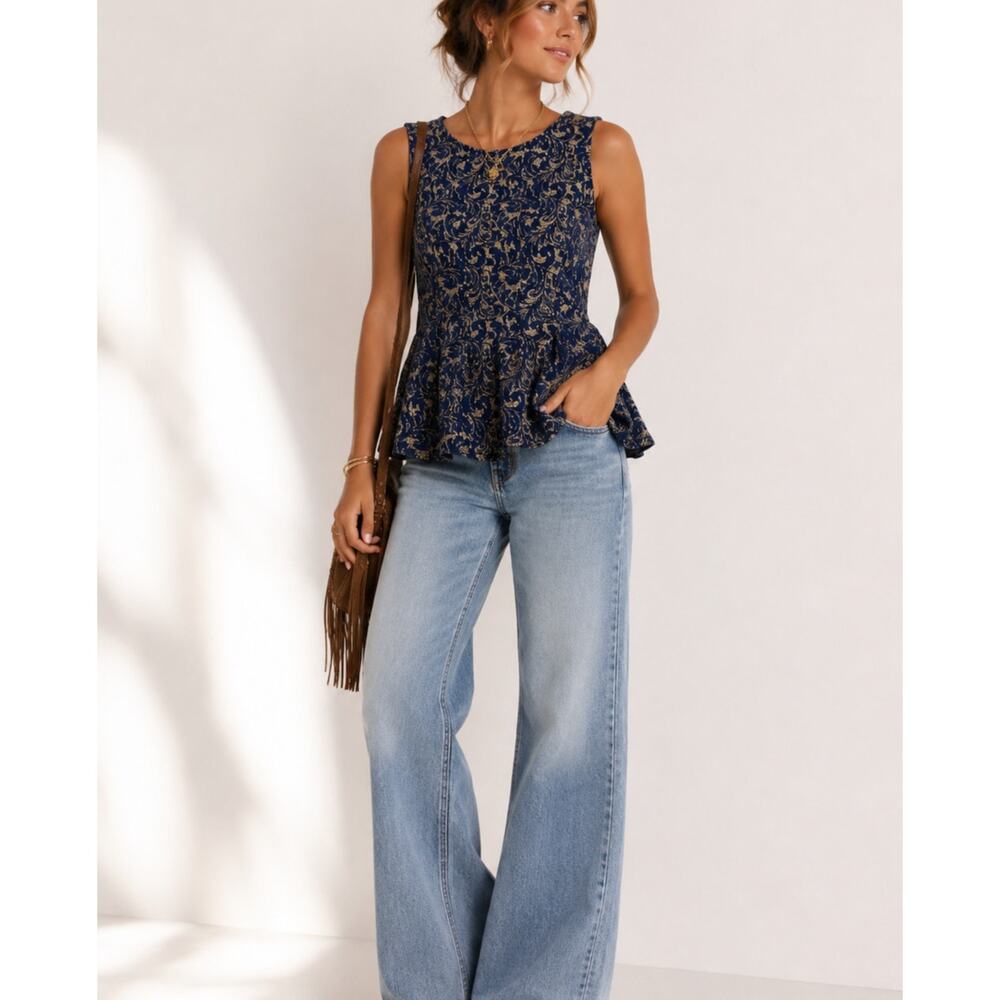 Eva Franco Blue Floral Brocade Peplum Top Women’s S Anthro Y2K Preppy Twee